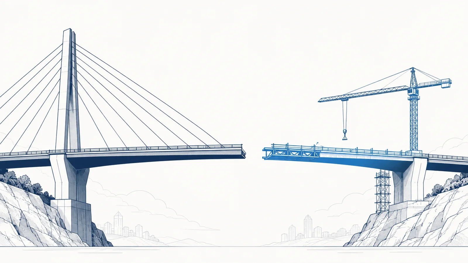 Ilustração editorial: ponte arquitetônica com seção incompleta — migrações cloud que falham