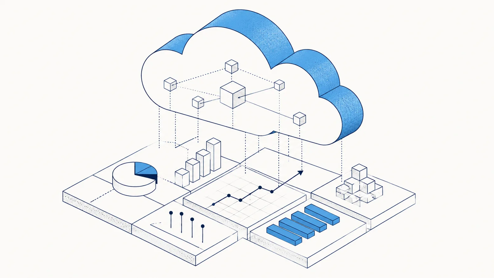 Ilustração editorial: nuvem isométrica acima de grade financeira — cloud e retorno